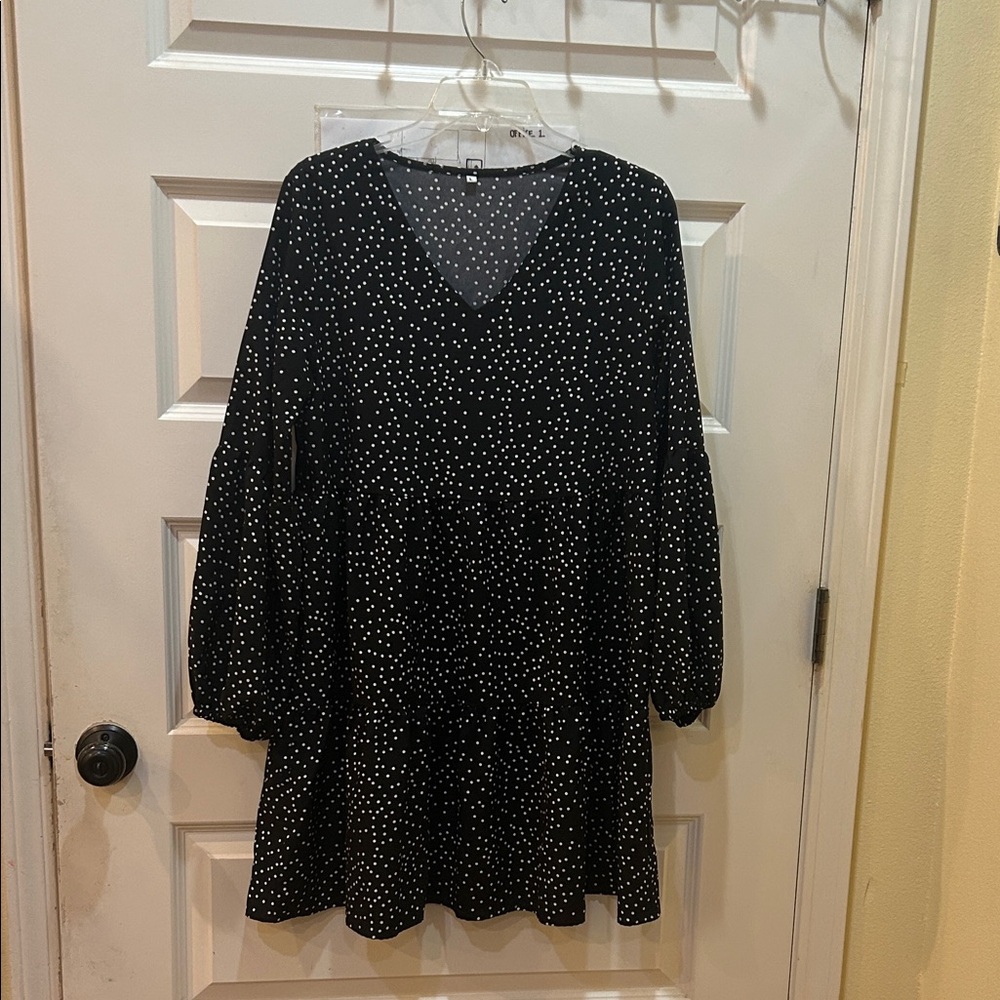 Black Polka Dot V-Neck Long Sleeve Dress
